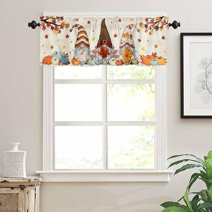 Fall Kitchen Curtain Set, Thanksgiving Gnomes Maple Leaf Pumpkin Beige Window Valance and Tiers 36" Length, Light Filtering Short Curtains Valance for Cafe Bathroom Bedroom 54"x18"