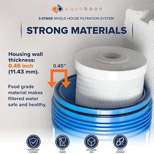 Aquaboon 3-Stage Whole House Water Filtration System with 5 Micron 10x4.5 Anti-Scale Reducing Sediment, KDF Heavy Metals and Carbon Chlorine Reduction Water Filter Purification, Wrench, Bracket