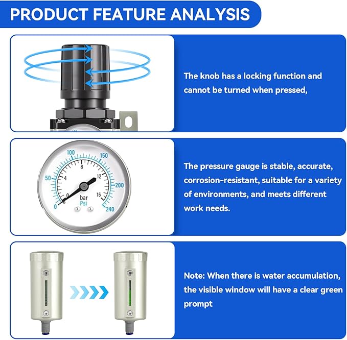 1/2" NPT Industrial Grade 3 Stage Air Dryer for Compressor, Auto Drain Air Compressor Water Separator System Filter Oil for Plasma Cutter and Paint Spray,0-240 PSI