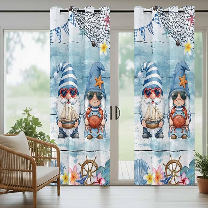 Ocean Gnome Outdoor Curtains for Patio Summer Marine Plumeria Shell Wood Blue Waterproof Outside Curtains with Grommet Top Weatherproof Curtain for Cabana Pergola Gazebo, 2 Pack, 54" W x 108" L