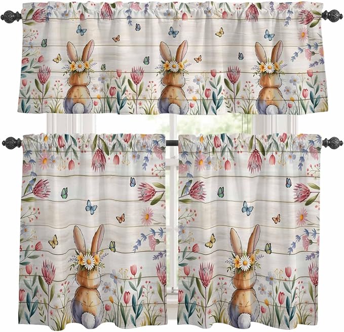 Kitchen Curtains Tiers and Valance Set of 3, Easter Light Filtering Window Curtain Set, Spring Bunny Butterfly Botanical Wooden Grain Rod Pocket Curtain Drapes for Cafe, Living Room, 24 Inches Tiers