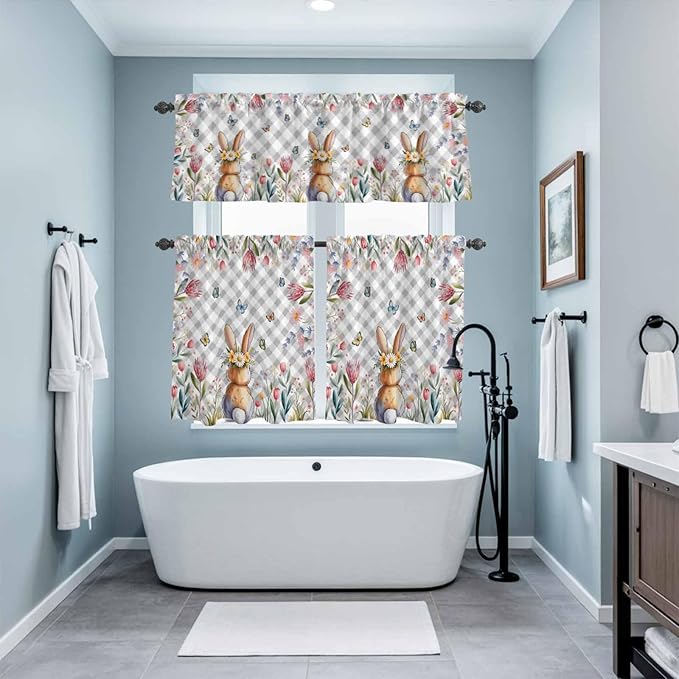Kitchen Curtains Tiers and Valance Set of 3, Easter Light Filtering Window Curtain Set, Spring Rabbit Butterfly Botanical Florals Grey Plaid Rod Pocket Curtain Drapes for Living Room, 24 Inches Tiers