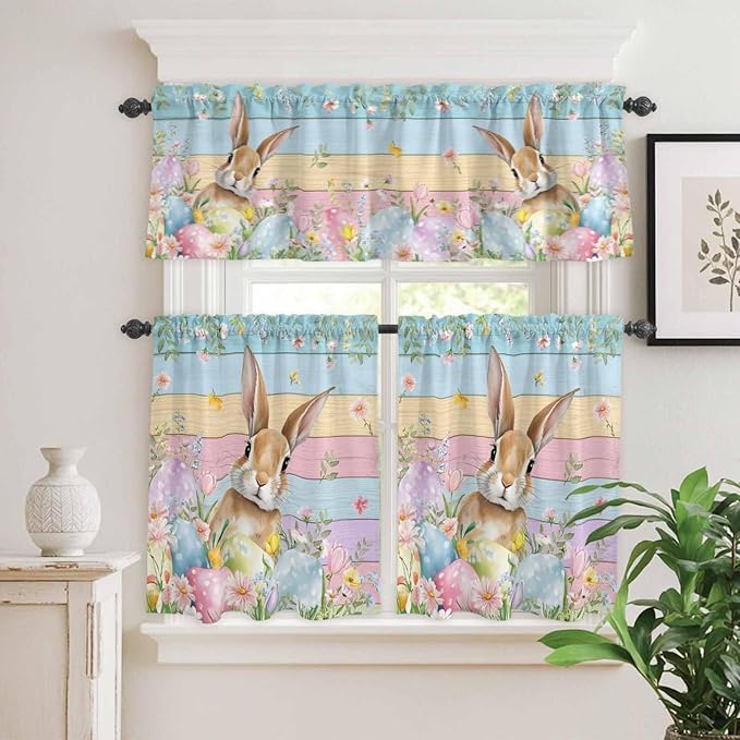 Kitchen Curtains Tiers and Valance Set of 3, Easter Light Filtering Window Curtain Set, Spring Rabbit Eggs Floral Colorful Wooden Grain Rod Pocket Curtain Drapes for Cafe, Living Room, 24 Inches Tiers