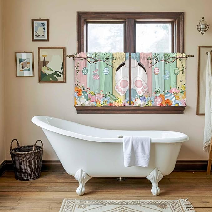 Easter Kitchen Tier Curtains 24 Inch Long 2 Panel Set,Rod Pocket Cafe Small Window Curtains Over Sink,Spring Colorful Bunny Eggs Flower Wood Grain Light Filtering Short Drapes 27.5"W x 24"L