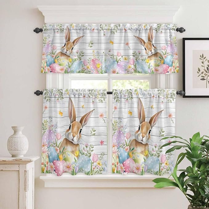 Kitchen Curtains Tiers and Valance Set of 3, Easter Light Filtering Window Curtain Set, Rustic Spring Bunny Eggs Botanical Grey Wooden Rod Pocket Curtain Drapes for Cafe, Living Room, 36 Inches Tiers