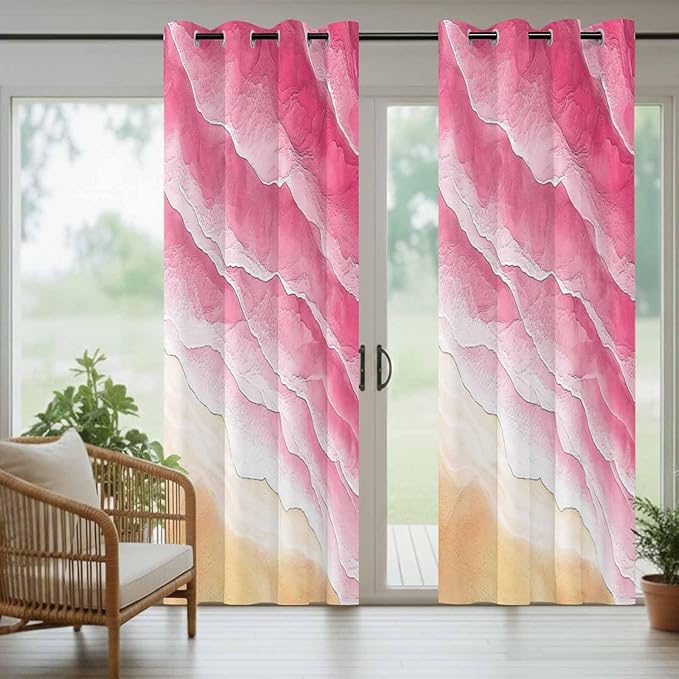 Ocean Outdoor Curtains for Patio Beach Waves Watercolor Abstract Gradient Pink Waterproof Outside Curtains with Grommet Top Weatherproof Curtain for Cabana Pergola Gazebo, 2 Pack, 54" W x 108" L