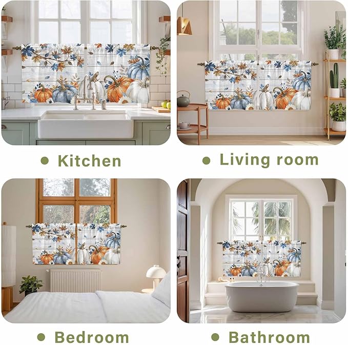 Thanksgiving Pumpkin Kitchen Tier Curtains 24 Inch Long 2 Panel Set,Rod Pocket Cafe Small Window Curtains Over Sink,Fall Maple Leaf Daisy Wooden Grain Short Drapes for Bathroom Cabinet 27.5"W x 24"L