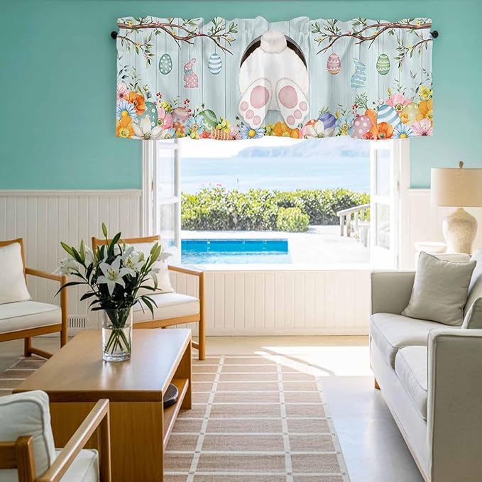 Easter Bunny Curtain Valances for Windows, Kitchen Valance Window Treatment, Easter Eggs Spring Farmhouse Wood Grain Teal Blue Light Filter Block Curtains for Bathroom/Bedroom/Living Room 42'' x 12''