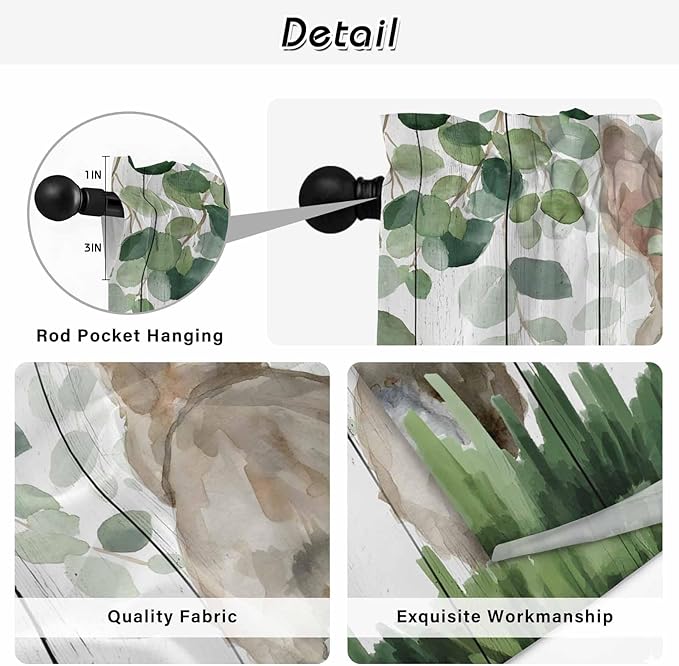 Easter Kitchen Curtains, Country Rabbit Botanical Leaves Wooden Grain Light Filtering Window Curtain Panels, 2Pcs Rod Pocket Window Treatments Set for RV Dining Room Study Room 42x45 Inches