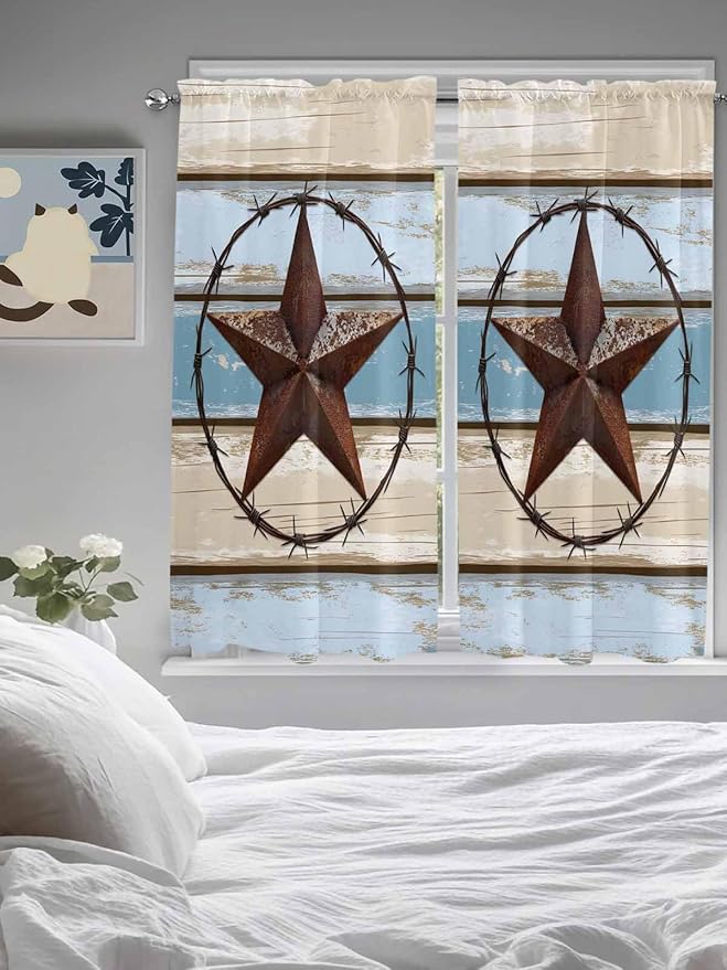 Vintage Western Star on Wood Grain Window Valance Curtains, Retro Wooden Texture Light Filtering Kitchen Valance with 3-inch Rod Pocket for Living Room Bathroom Bedroom,2 Panel,42x63In