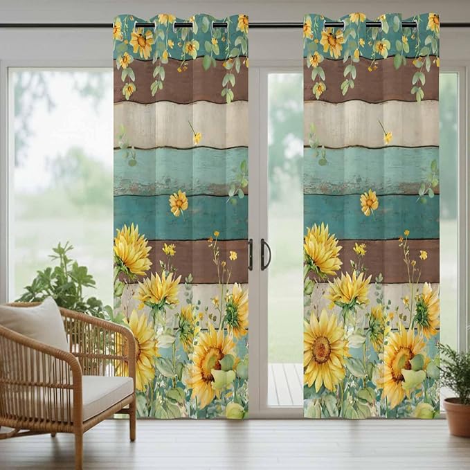 Sunflowers Outdoor Curtains for Patio Summer Floral Eucalyptus Leaves Vintage Wood Waterproof Outside Curtains with Grommet Top Weatherproof Curtain for Cabana Pergola Gazebo, 2 Pack, 54" W x 84" L