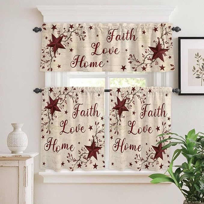 Kitchen Curtains Tiers and Valance Set of 3, Vintage Country Light Filtering Window Curtain Set, Vintage Rustic Texas Stars Plants Branch Rod Pocket Curtain Drapes for Living Room, 24 Inches Tiers