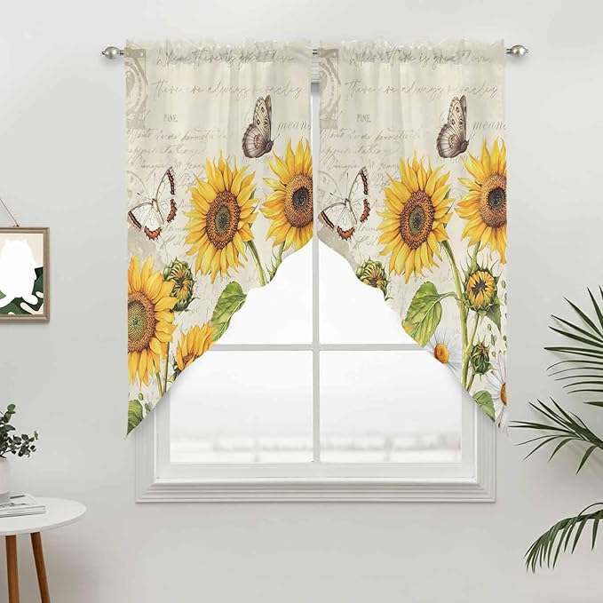 Farm Sunflowers Swag Valances for Windows, Retro Flowers Butterfly Botanical Beige Rod Pocket Kitchen Curtains Valance, Kitchen Window Curtains Swag for Cafe Bathroom Living Room, 2 Panels, 36x45 inch