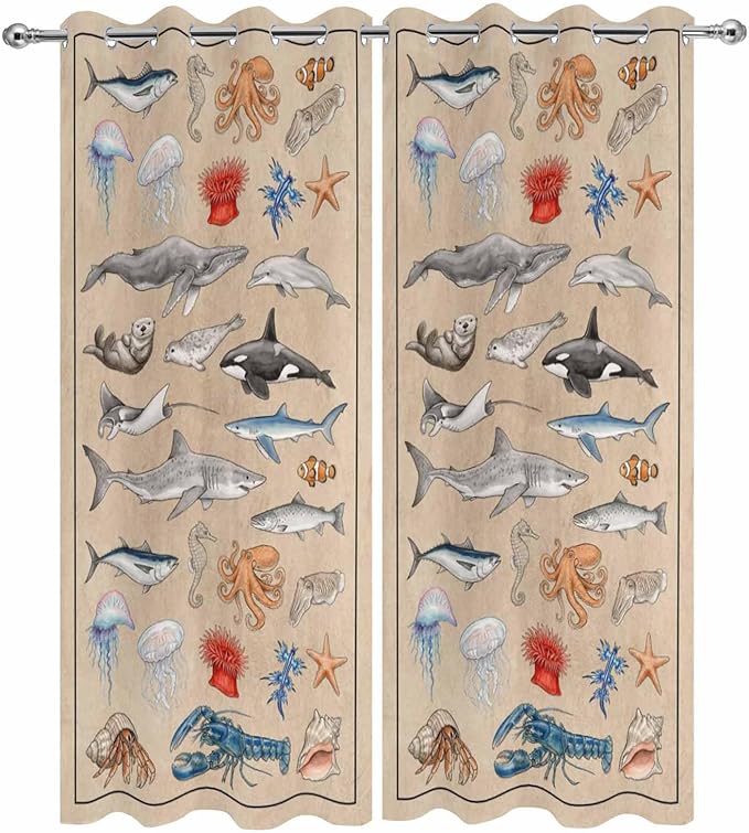 Vintage Outdoor Curtains for Patio Sharks Whales Lobsters Biographies Waterproof Outside Curtains with Grommet Top Weatherproof Curtain for Cabana Pergola Gazebo, 2 Pack, 54" W x 95" L