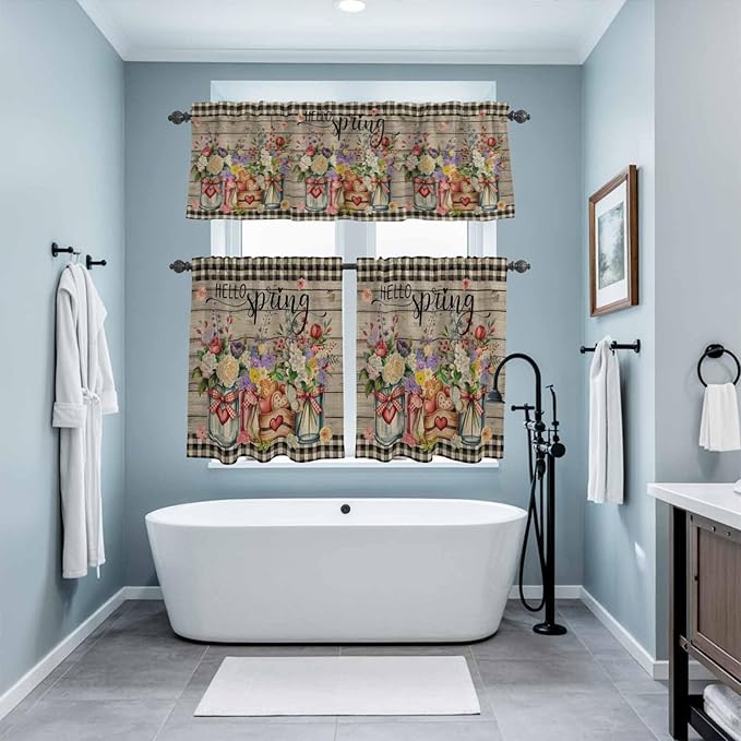 Kitchen Curtains Tiers and Valance Set of 3, Spring Flowers Light Filtering Window Curtain Set, Farmhouse Vintage Black Plaid Wood Grain Rod Pocket Curtain Drapes for Living Room, 24 Inches Tiers
