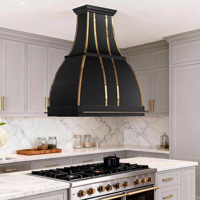 CHETTO C Stainless Steel Range Hood Cover with 4-Speed Vent Hood Insert Custom Handmade Metal Kitchen Fan with Towel Rack LED Light 48"W x27"D x60"H Black Island Mount