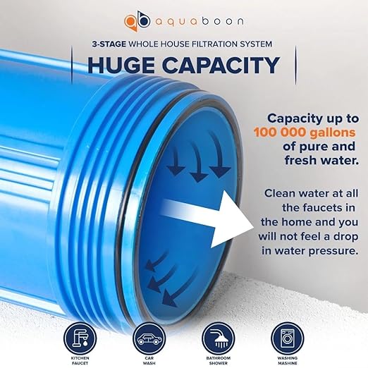 Aquaboon 3-Stage Whole House Water Filtration System with 5 Micron 10x4.5 Anti-Scale Reducing Sediment, KDF Heavy Metals and Carbon Chlorine Reduction Water Filter Purification, Wrench, Bracket