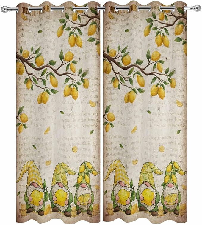 Summer Gnome Outdoor Curtains for Patio Gnome Lemon Leaf Vintage Waterproof Outside Curtains with Grommet Top Weatherproof Curtain for Cabana Pergola Gazebo, 2 Pack, 54" W x 95" L