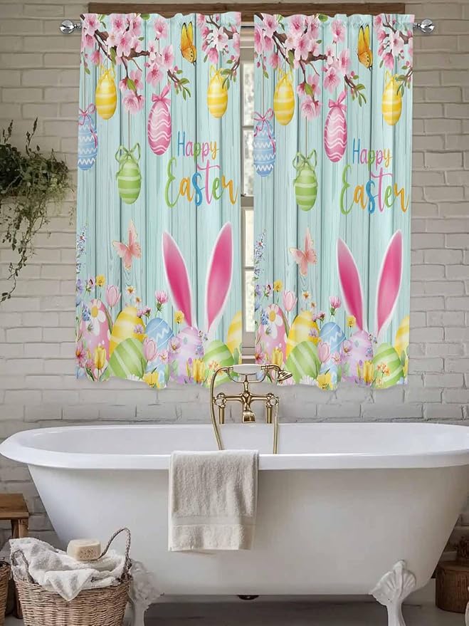 Happy Easter Bedroom Curtains 63 Inches length, Spring Bunny Eggs Flower Teal Wood Grain Window Treatment Curtain Drapes, Rod Pocket Curtain Panels for Living Room Kitchen, 42"x63", 2 Panels