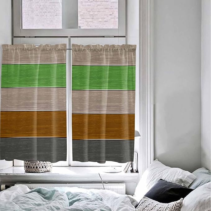 Farm Gray Green Brown Wood Grain Window Valance Curtains, Rustic Wooden Plank Light Filtering Kitchen Valance with 3-inch Rod Pocket for Living Room Bathroom Bedroom,2 Panel,42x45In