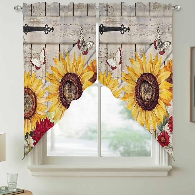 Red Yellow Sunflowers Swag Valances for Windows, Retro Rustic Barn Doors Butterfly Brown Rod Pocket Kitchen Curtains Valance, Small Window Curtains Swag for Cafe Living Room, 2 Panels, 36x36 inch
