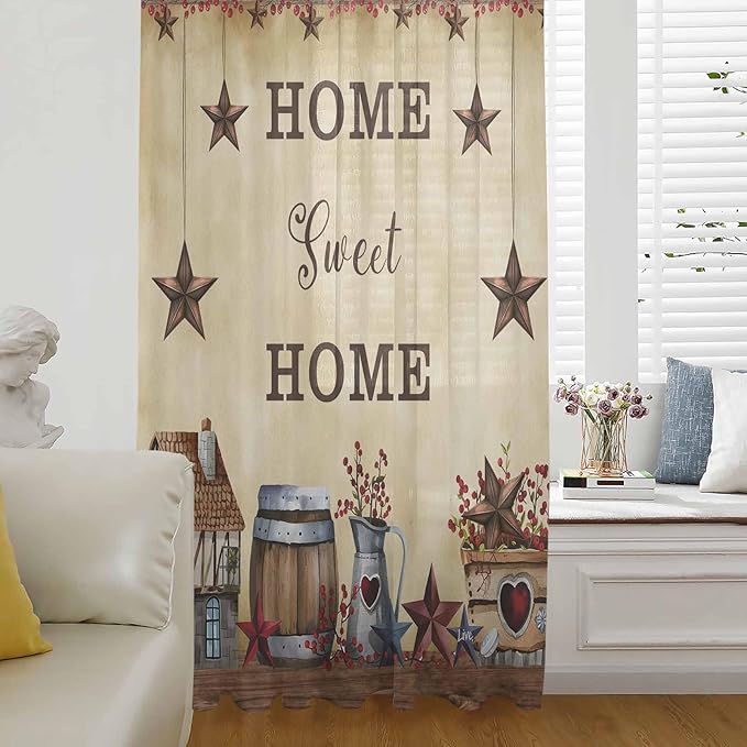 Farm Sheer Curtains 54 Inch Length American Country Barn Star Vintage Berry Brown Chiffon Curtain for Bedroom Living Room Light Filtering Rod Pocket Window Treatments Voile Curtains Drapes for Kitchen