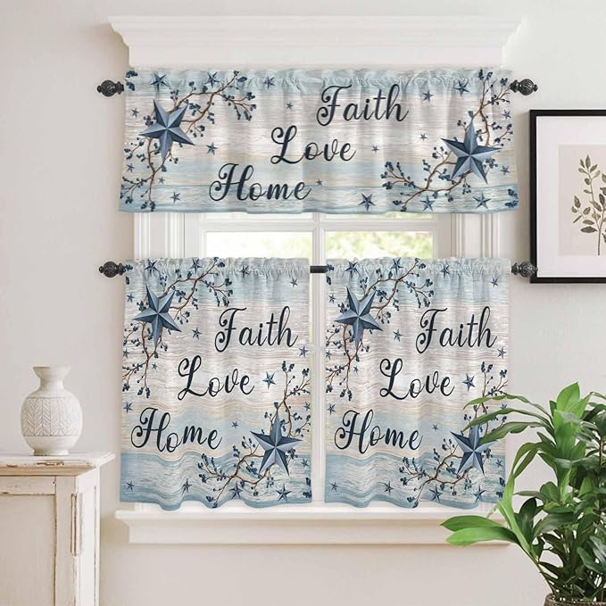 Kitchen Curtains Tiers and Valance Set of 3, Vintage Farmhouse Light Filtering Window Curtain Set, Blue Country Texas Star Vines Wooden Rod Pocket Curtain Drapes for Cafe, Living Room, 36 Inches Tiers