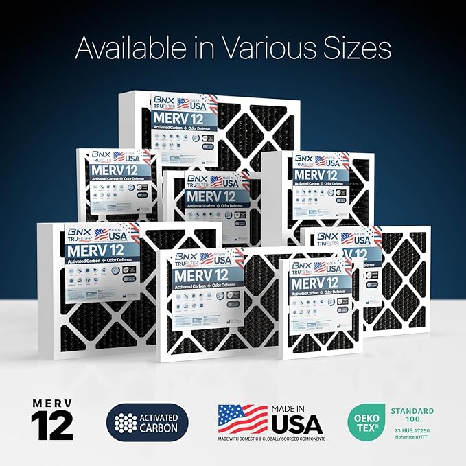 BNX TruFilter 14x24x1 MERV 12 Odor Defense (4-Pack) AC Furnace Air Filter with Activated Carbon - MADE IN USA - Pleated Air Conditioner HVAC AC Furnace Filters - Removes Odor, Mold, Bacteria, Smoke