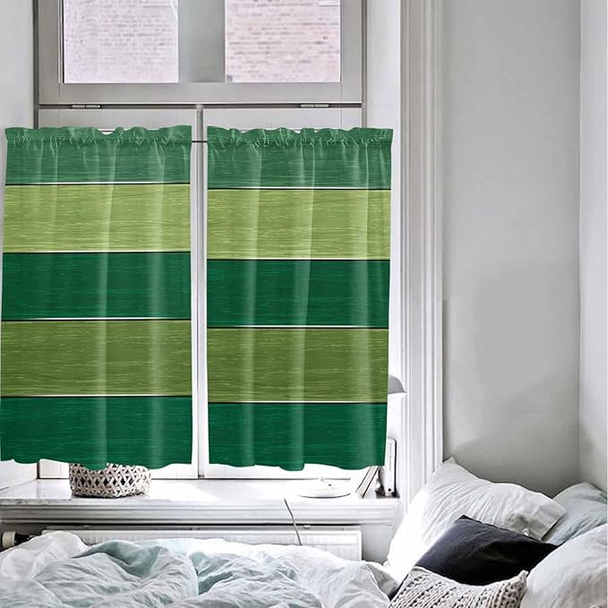 Farm Retro Green Wood Grain Window Valance Curtains, Rustic Wooden Plank Texture Light Filtering Kitchen Valance with 3-inch Rod Pocket for Living Room Bathroom Bedroom,2 Panel,42x54In
