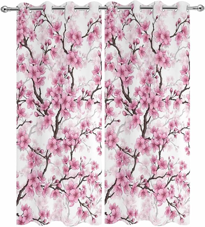 Cherry Flowers Outdoor Curtains for Patio Spring Flower Vintage Watercolor Waterproof Outside Curtains with Grommet Top Weatherproof Curtain for Cabana Pergola Gazebo, 2 Pack, 54" W x 108" L