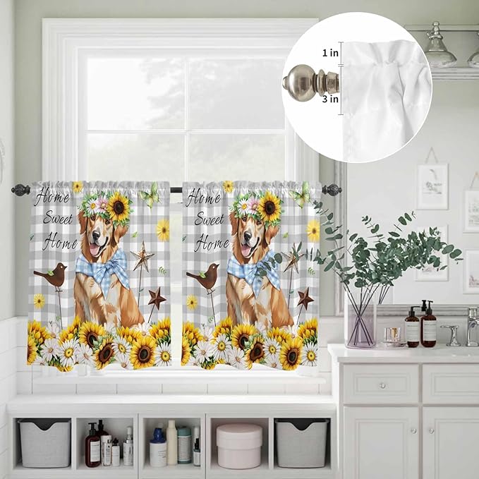 Kitchen Curtains Tiers and Valance Set of 3, Sunflowers Dog Light Filtering Window Curtain Set, Spring Watercolor Floral Stars Grey Plaid Rod Pocket Curtain Drapes for Living Room, 36 Inches Tiers