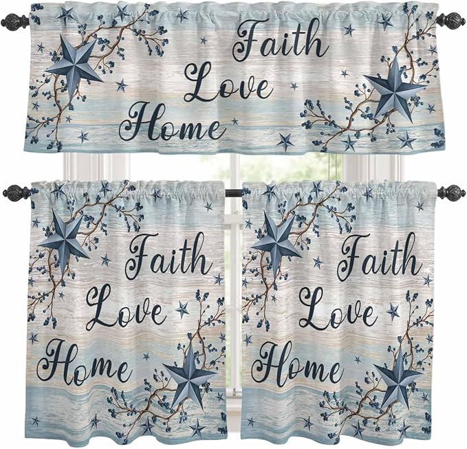 Kitchen Curtains Tiers and Valance Set of 3, Vintage Farmhouse Light Filtering Window Curtain Set, Blue Country Texas Star Vines Wooden Rod Pocket Curtain Drapes for Cafe, Living Room, 36 Inches Tiers