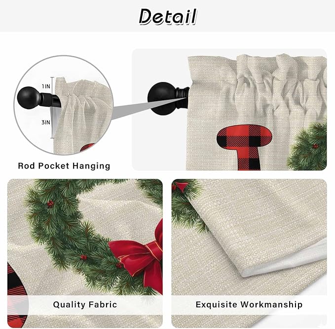 Red Green Christmas Kitchen Curtains 54 Inch Long 2 Panel Set, Rod Pocket Window Curtains Panels, Farmhouse Xmas Botanical Winter Light Filtering Privacy Draperies for Bedroom Laundry 42"W x 54"L