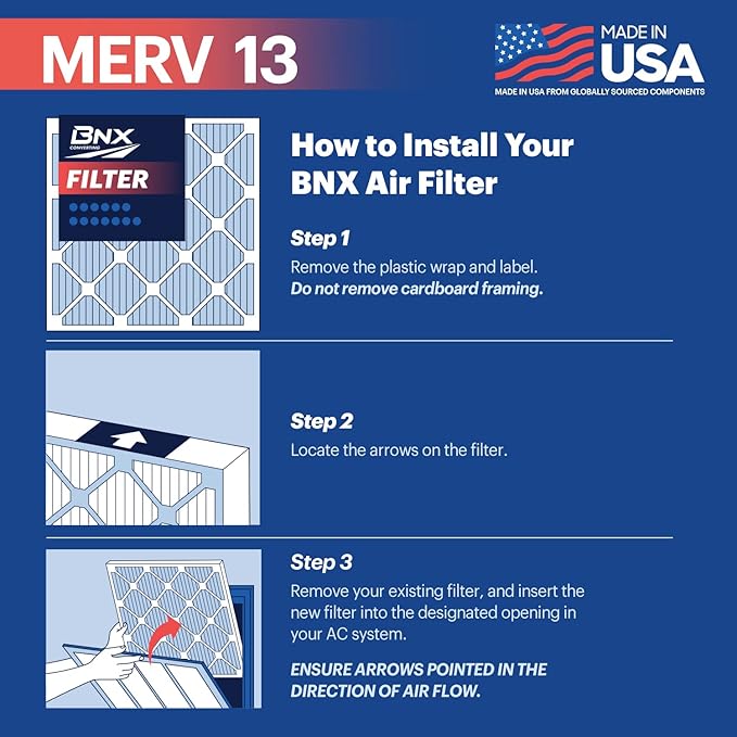 BNX TruFilter 18x20x1 Air Filter MERV 13 (4-Pack) - MADE IN USA - Electrostatic Pleated Air Conditioner HVAC AC Furnace Filters for Allergies, Pollen, Mold, Bacteria, Smoke, Allergen, MPR 1900 FPR 10