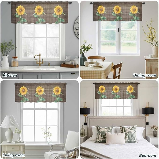 Summer Sunflower Sheer Valance Curtains, Yellow Floral Plants Bees Brown Wood Grain Light Filtering Kitchen Valances Rod Pocket Voile Curtain Window Treatment for Bedroom/Living Room/Basement 42Wx12L
