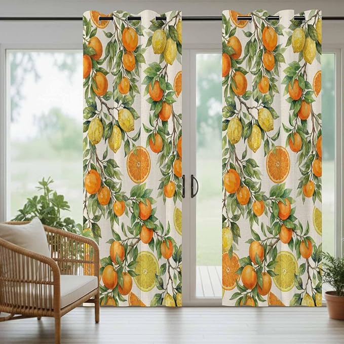 Lemons Yellow Orange Summer Plant Linen Outdoor Curtains for Patio Waterproof Outside Curtains with Grommet Top Weatherproof Curtain for Cabana Pergola Gazebo, 1 Panel, 54" W x 84" L