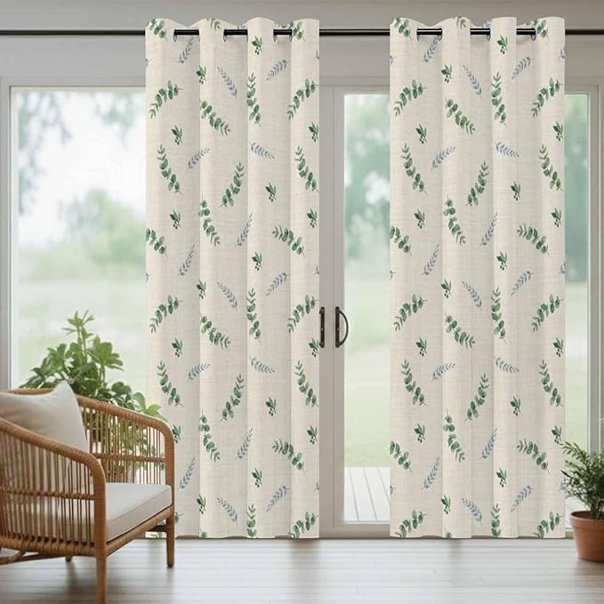 Leaf Outdoor Curtains for Patio Summer Jugal Leaves Pastoral Plant Linen Waterproof Outside Curtains with Grommet Top Weatherproof Curtain for Cabana Pergola Gazebo, 1 Panel, 54" W x 84" L