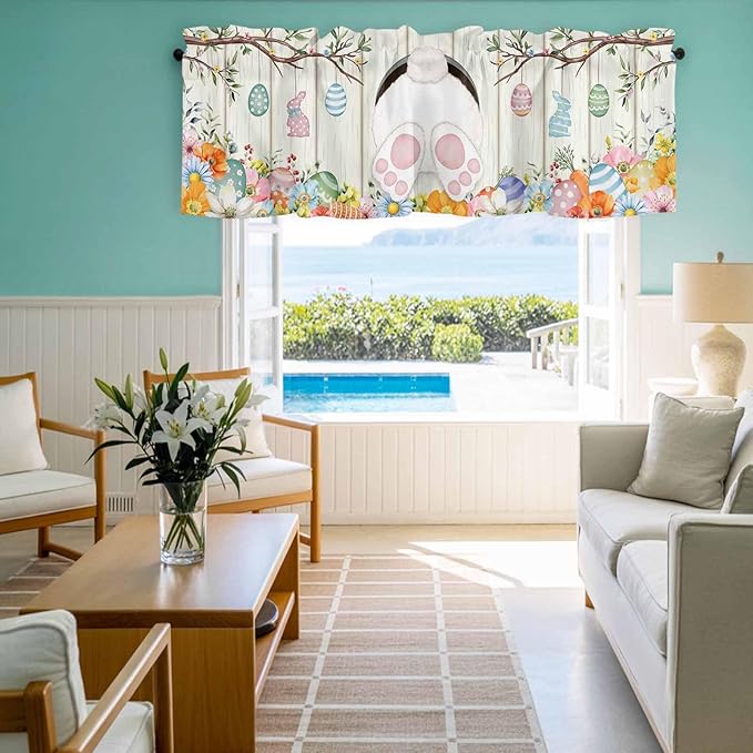 Easter Curtain Valances for Windows, Kitchen Valance Window Treatment, Spring Farmhouse Watercolor Bunny Eggs Wood Grain Light Filtering Block Curtains for Bathroom/Bedroom/Living Room 54'' x 18''