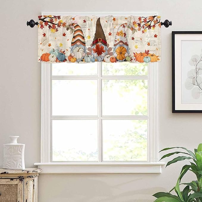 Fall Gnomes Kitchen Curtain Set, Thanksgiving Maple Leaf Rustic Pumpkin Window Valance and Tiers 24" Length, Light Filtering Short Curtains Valance for Cafe Bathroom Bedroom 54"x18"