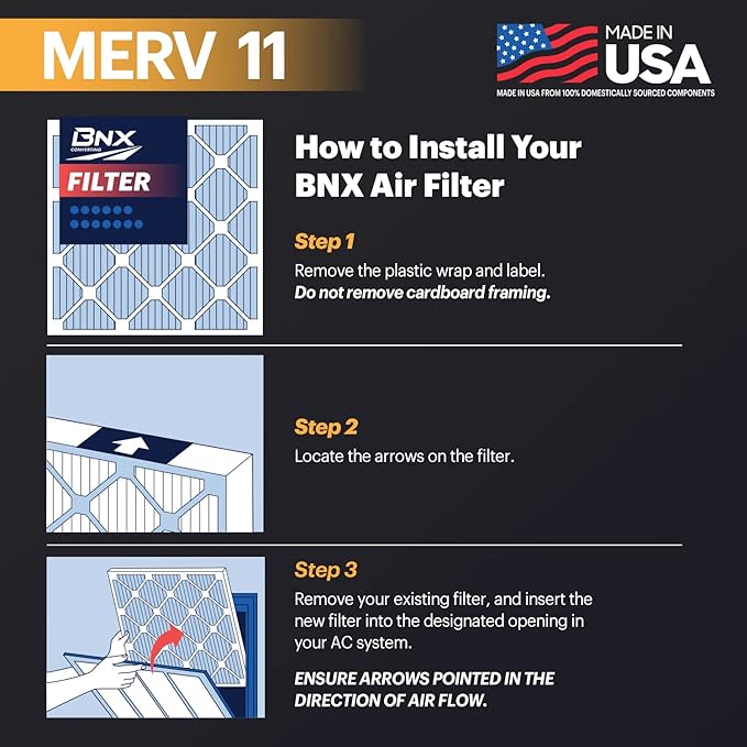BNX 20x25x1 MERV 11 Air Filter 4 Pack - MADE IN USA - Electrostatic Pleated Air Conditioner HVAC AC Furnace Filters - Removes Dust, Mold, Pollen, Lint, Pet Dander, Smoke, Smog