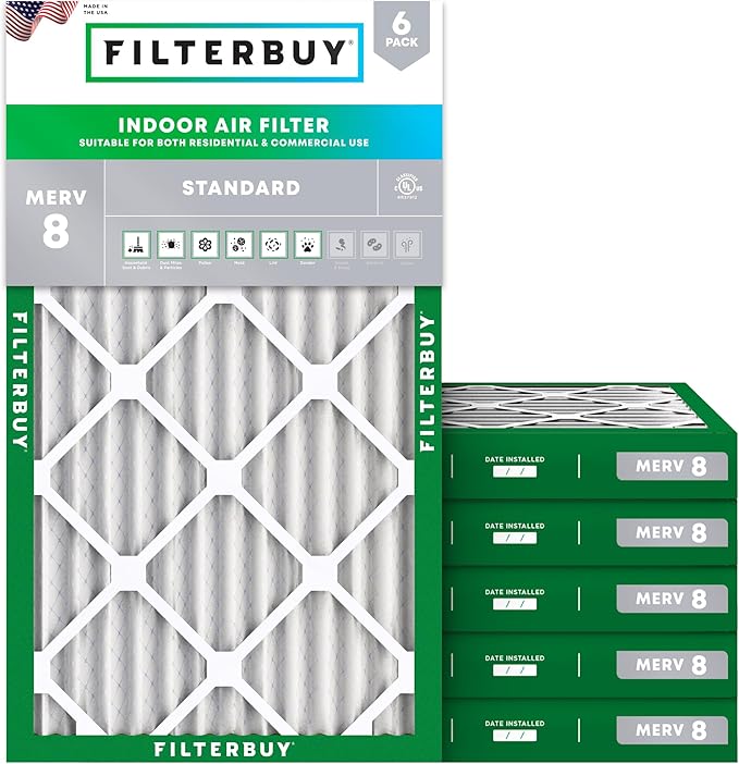 Filterbuy 14x30x2 Air Filter MERV 8 Essential Dust & Allergy Defense (6-Pack), Electrostatic Pleated HVAC AC Furnace Filters Replacement, Made in USA (Actual Size: 13.50 x 29.50 x 1.75)
