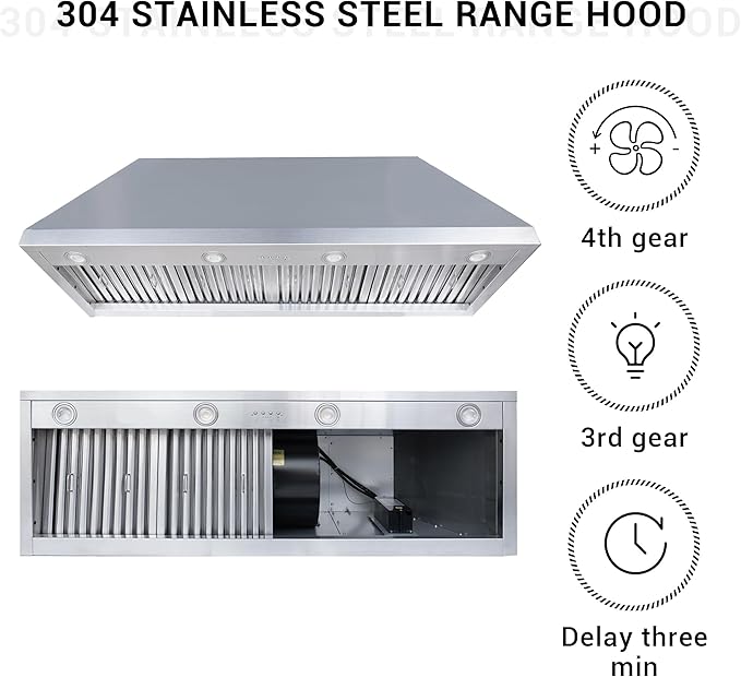 CHETTO C Stainless Steel Range Hood Cover with 4-Speed Vent Hood Insert Custom Handcrafted Metal Kitchen Fan with Towel Rack LED Light 54"W x21"D x48"H White Wall Mount