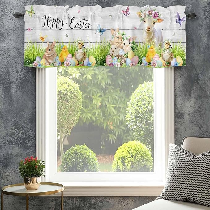 Easter Curtain Valances for Windows, Kitchen Valance Window Treatment, Spring Sheep Bunny Duck Plants Wooden Grain Light Filtering Block Curtains for Bathroom/Bedroom/Living Room 60'' x 18''