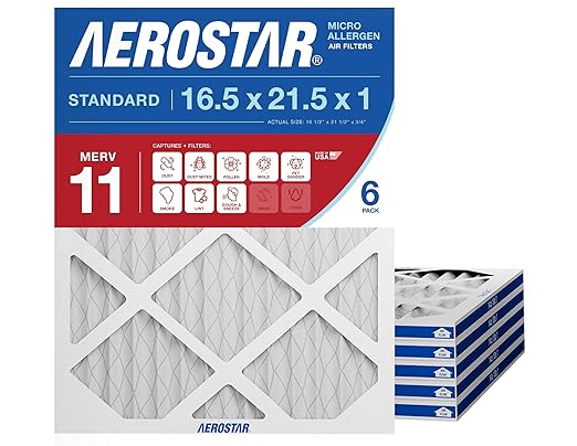 Aerostar 16.5x21.5x1 MERV 11 - 6 Count - Pleated HVAC, Furnace & Air Conditioner Filters - Removes Dust, Cold & Flu Germs, Lint, Mold, Pet Dander, Allergy-Causing Pollen, Smog & Smoke