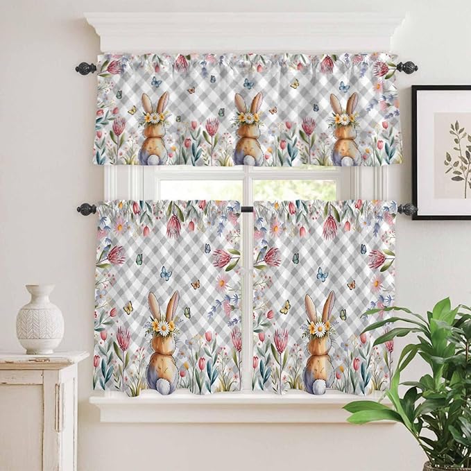 Kitchen Curtains Tiers and Valance Set of 3, Easter Light Filtering Window Curtain Set, Spring Rabbit Butterfly Botanical Florals Grey Plaid Rod Pocket Curtain Drapes for Living Room, 24 Inches Tiers