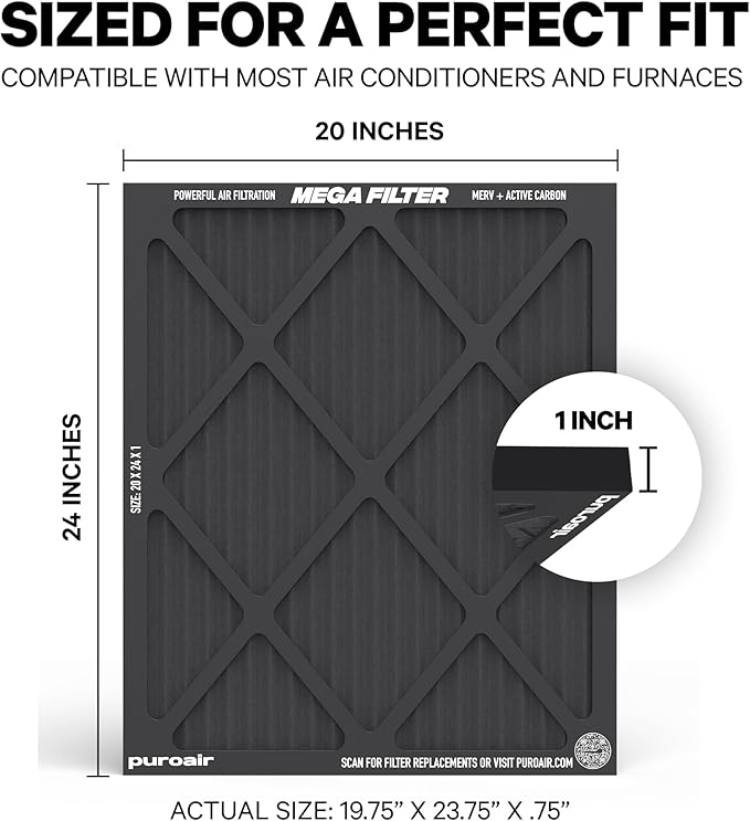 PuroAir MegaFilter - 20x24x1 Air Filter MERV 13 Activated CarbonTech Defense - Heavy Duty 3 Layer Furnace Filters Allergens, Pollen, Dust, Pet Dander, Smoke, Odors - HVAC Air Filter 20x24x1 (4-Pack)
