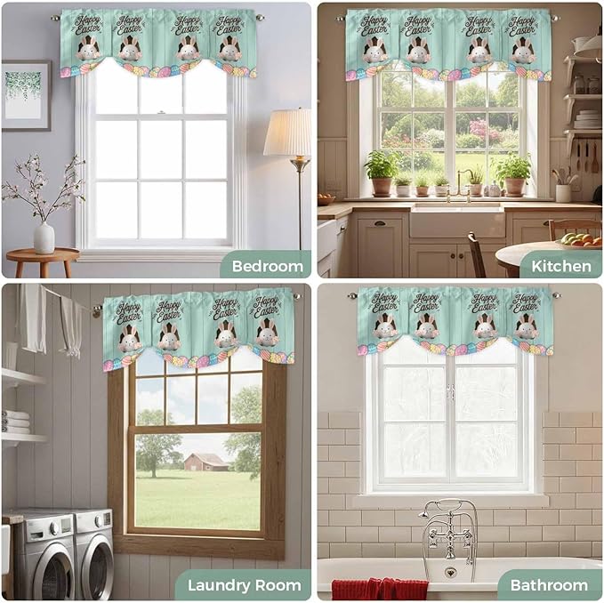 Green Easter Tie Up Valance Curtains for Windows, Kitchen Curtains Window Shades, Spring Cartoon Bunny Colorful Eggs Wood Grain Light Filtering Roman Curtain Valances for Bedroom/Bathroom/Cafe 42"x18"