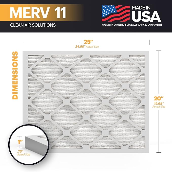 BNX 20x25x1 MERV 11 Air Filter 2 Pack - MADE IN USA - Electrostatic Pleated Air Conditioner HVAC AC Furnace Filters - Removes Dust, Mold, Pollen, Lint, Pet Dander, Smoke, Smog