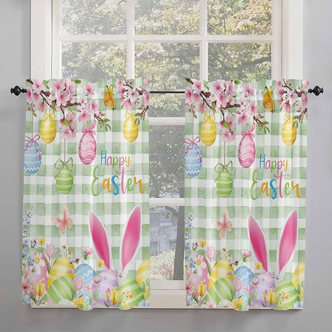 Happy Easter Kitchen Curtains 54 Inches Length, Spring Bunny Eggs Flower Sage Green Plaid Window Treatment Curtain Drapes, Thermal Insulated Drapes for Basement Hotel RV, 42"x54", 2 Panels