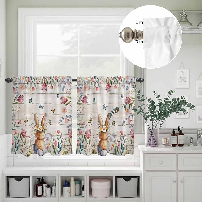 Kitchen Curtains Tiers and Valance Set of 3, Easter Light Filtering Window Curtain Set, Spring Bunny Butterfly Botanical Wooden Grain Rod Pocket Curtain Drapes for Cafe, Living Room, 36 Inches Tiers